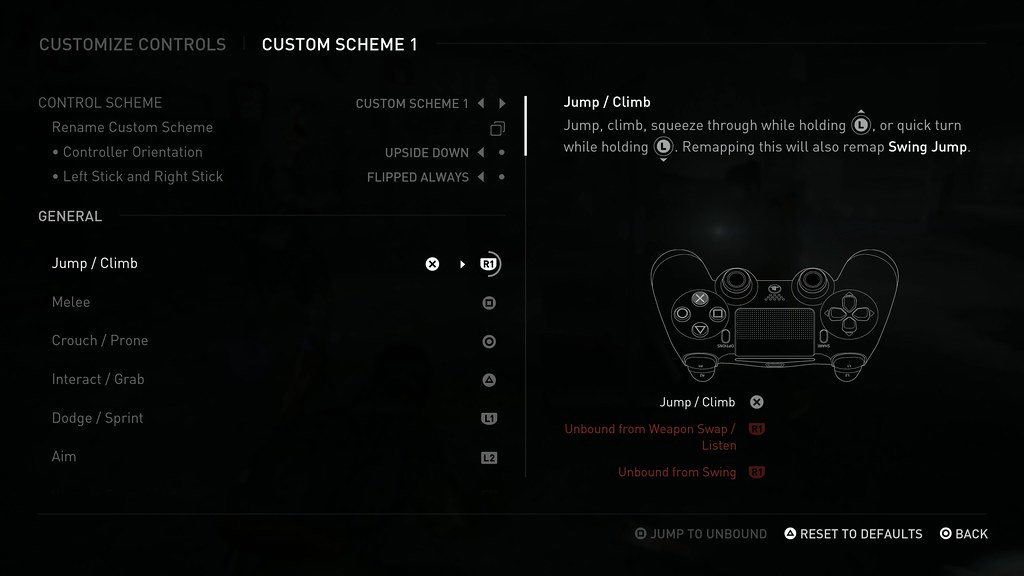 The Last of Us Part II Accessibility Options: Controller Remap Menu
