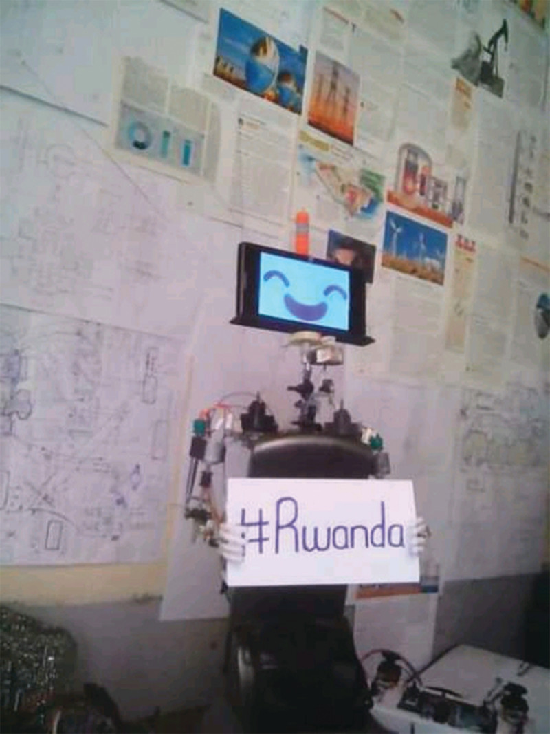 Joseph’s first ever robot, TIM, made from a TV antenna, with facial expressions by Google Assistant on an old mobile phone