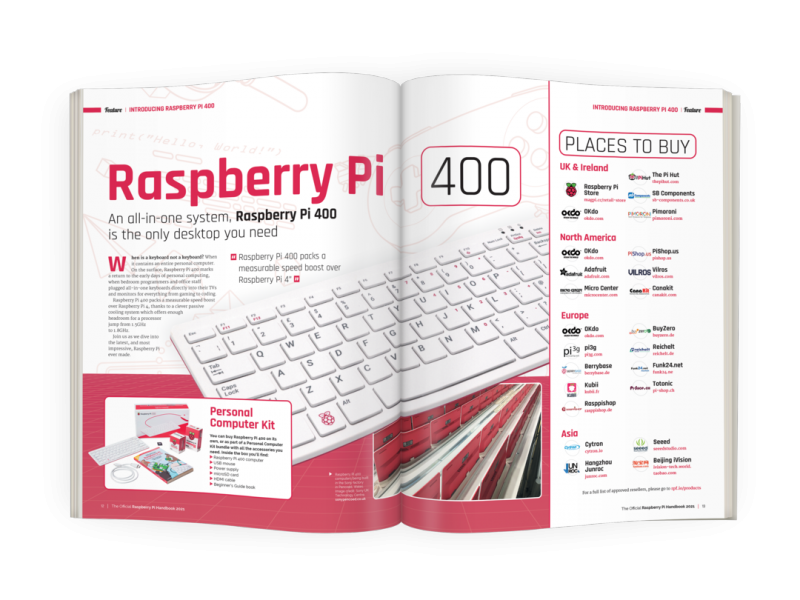 A double page spread about Raspberry Pi 400