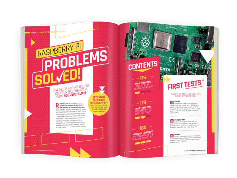A double page spread on problem solving with Raspberry Pi
