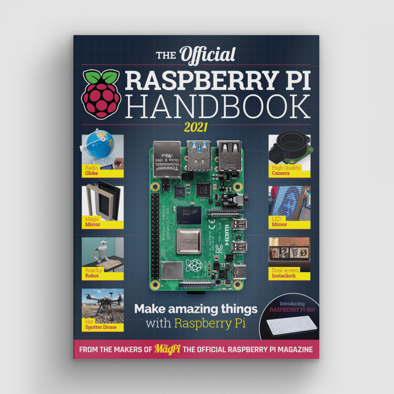The front cover of the Raspberry Pi Handbook featuring a Raspberry Pi 4 on a dark background
