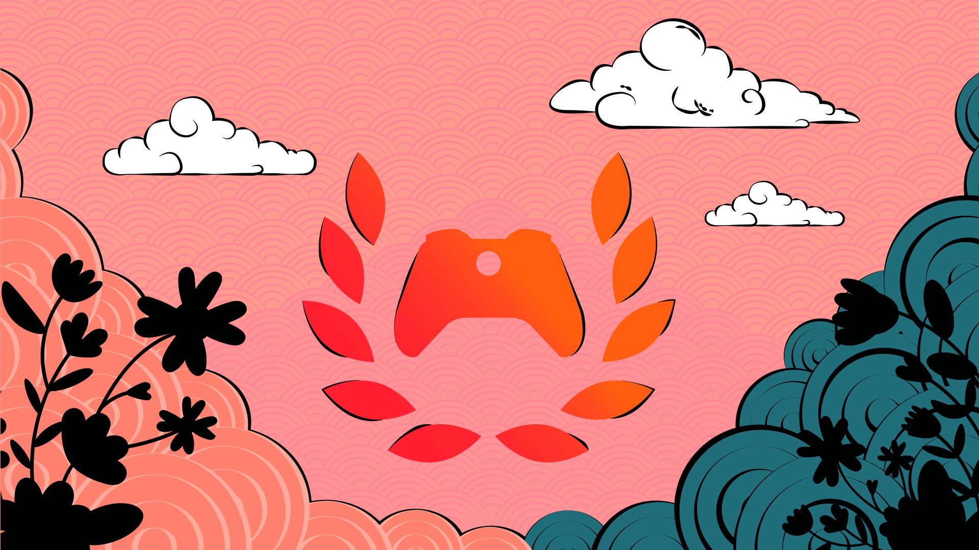 The Xbox Ambassadors logo colored in orange on a light red, pink and light blue circular textured background with clouds and flowery silhouettes.